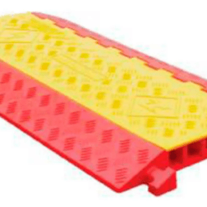 Meet the TCT 5-Channel Heavy Duty Cable Protector, a sturdy red and yellow ramp with a textured diamond pattern surface. Its yellow top and red sides protect ground cables while offering superior traction.