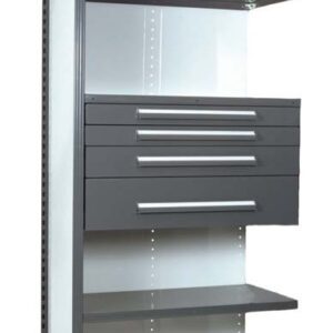 Tall metal storage shelf unit with a wire rack on top, four adjustable shelves, and four horizontal drawers in the middle section. The structure is gray and white.