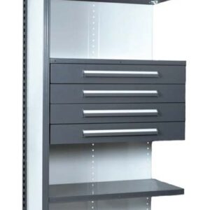 A tall metal shelving unit with a wire top shelf, three middle shelves, and four wide drawers in the center, all in gray and white.