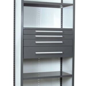 Metal storage cabinet with a mesh top, featuring multiple shelves and four drawers with sleek handles in the middle section, standing on a white background.