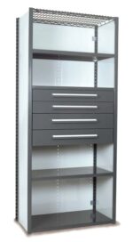 A tall metal shelving unit with a wire mesh top, three wide drawers in the middle, and three open shelves. The frame is grey with a modern design.