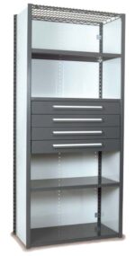 A tall, open shelving unit with a metal frame, three shelves, and three horizontally aligned drawers. The top has a wire mesh surface. The drawers are gray with sleek handles.