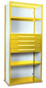 A tall, yellow and white storage cabinet with four drawers and three shelves. The top section has a mesh panel. The drawers and shelves vary in height, with open areas for storing items.