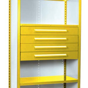 A tall, yellow and white storage cabinet with four drawers and three shelves. The top section has a mesh panel. The drawers and shelves vary in height, with open areas for storing items.