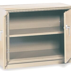 A beige metal cabinet with two shelves and open hinged doors. The cabinet has metal handles and a simple, industrial design. It is empty and placed against a plain white background.