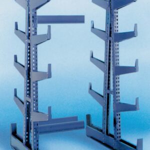 Two gray metal cantilever racks stand upright. Each has horizontal arms extending from vertical columns, designed for storage. The background is a gradient blue.