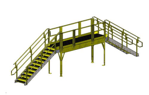 AMZ01 A digital rendering of an industrial yellow metal platform with stairs on both sides. The platform has safety railings and grated steps, designed for accessing elevated areas in a workplace or facility.
