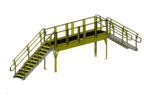 3D rendering of an industrial metal platform with stairs on both sides. The stairs and platform have yellow railings and non-slip black steps. The structure is elevated on metal legs.