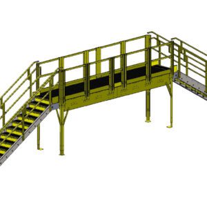 3D rendering of an industrial metal platform with stairs on both sides. The stairs and platform have yellow railings and non-slip black steps. The structure is elevated on metal legs.