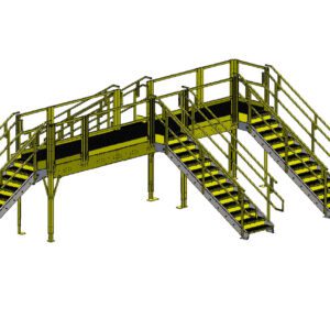 3D illustration of a metal staircase with yellow railings and steps. The structure has two sets of stairs leading up to a central platform, with railings on each side for safety.