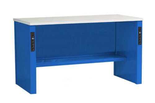 EQ245Blue.jpg A blue workbench with a white tabletop and integrated power outlets on both sides. The design is simple and functional, featuring a lower shelf for additional storage or workspace.