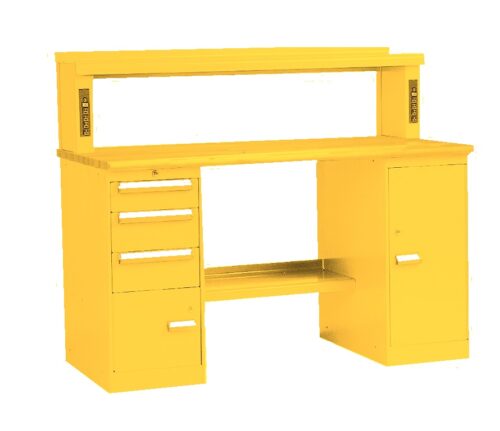 EQ246YellowWood20.jpg A bright yellow metal desk featuring an Equipto Shelving-inspired raised back shelf, three drawers on the left, a cabinet on the right, and an open shelf underneath. The design is both functional and industrial.