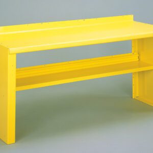 A bright yellow metal bench with a flat top and a lower shelf, set against a plain gray background. The design is simple and industrial, featuring clean lines and sturdy construction.
