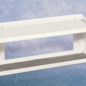 A white, rectangular, wall-mounted cat perch with a textured bottom shelf. It has a flat top surface and an open front and sides, against a light blue textured background.