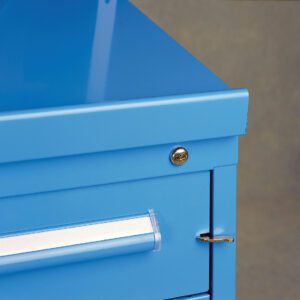 Close-up of a blue metal tool cabinet with a lock and handle. The focus is on the top corner, showing a key inserted into the lock. The background is plain and neutral.