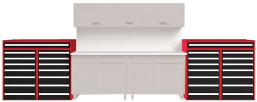 A large workshop setup featuring two red tool chests with multiple black drawers on each side. In the center, a white workbench with cabinets below and above provides additional storage space.