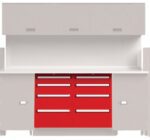 A white workbench with overhead cabinets and a countertop. Below the counter are red storage drawers with silver handles, set between two white cupboards on wheels.