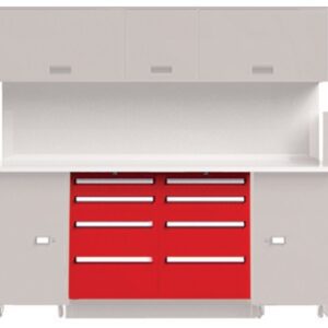 A white workbench with overhead cabinets and a countertop. Below the counter are red storage drawers with silver handles, set between two white cupboards on wheels.