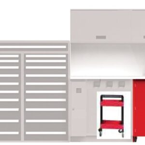 A light gray workbench setup with upper cabinets, a red rolling tool cabinet beneath, and a panel with horizontal slots on the left. A small red rolling cart is partially visible under the bench.
