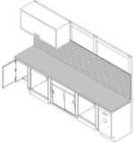 Illustration of a countertop setup with upper and lower cabinets. The lower cabinets have double doors, one open, and the upper cabinet is closed. The countertop is a long flat surface, and the design shows storage space.