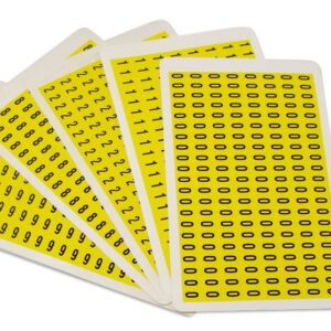 A fan of five playing cards displays MH-USA Complete Packs of Self-Adhesive Numbers, sized H.0.37 in. x W.0.24 in., in striking black on a bright yellow background, featuring the numbers 2, 3, 6, 7, 8, and 9 boldly.