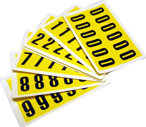 The MH-USA Complete Packs of Self-Adhesive Numbers in yellow include six fanned cards with numbers 0, 1, 2, 7, 8, and 9. The black digits measure H.0.83 in. x W.1.5 in., providing a striking contrast against the vibrant background.