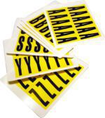 A stack of MH-USA Complete Packs of Self-Adhesive Letters, size H.0.83 in x W.2.2 in, features large black letters like A, B, S, Y, and Z on yellow cards, fanned to show multiple copies of each character.