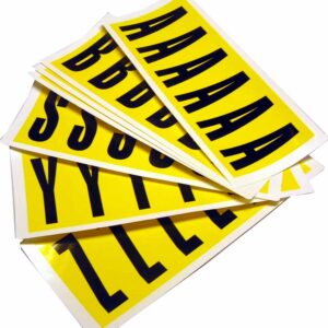 Stacked MH-USA Complete Packs of Self-Adhesive Letters in yellow, displaying large black uppercase letters As, Bs, Ss, Ys, Zs; each letter measures H.1.5 in. x W.3.54 in. on a white surface.