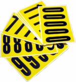 MH-USA Complete Packs of Self-Adhesive Numbers (H.1.77 in. x W.5.12 in.) feature bold black numbers, 0-9, in an overlapping design on yellow sticker sheets, blending style and practicality effortlessly.