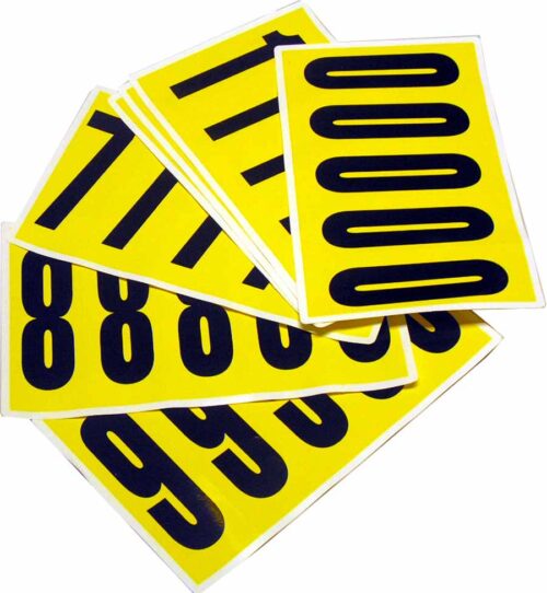 MH-USA Complete Packs of Self-Adhesive Numbers (H.1.77 in. x W.5.12 in.) feature bold black numbers, 0-9, in an overlapping design on yellow sticker sheets, blending style and practicality effortlessly.