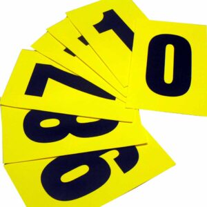 The MH-USA Complete Packs of Self-Adhesive Numbers include large black numbers from 0 to 10 on white cards, measuring H.5.51 in. x W.9.06 in., set against a vibrant yellow background for standout visibility.