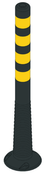 Illustration of the MH-USA Flexi Delineator Post featuring a black bollard with yellow reflectors. The base is wide and tapers into a narrow cylinder with alternating yellow and black bands, measuring H.39.37 in. x W.3.15 in. x D.3.15 in., ensuring durability and visibility with its design.