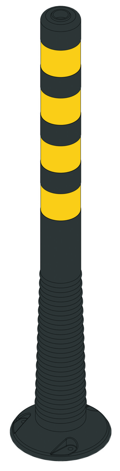 Illustration of the MH-USA Flexi Delineator Post featuring a black bollard with yellow reflectors. The base is wide and tapers into a narrow cylinder with alternating yellow and black bands, measuring H.39.37 in. x W.3.15 in. x D.3.15 in., ensuring durability and visibility with its design.