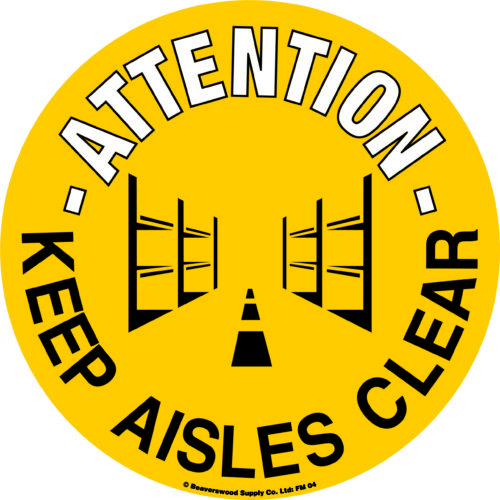A circular yellow sign with black text reads Attention Keep Aisles Clear, featuring a graphic of shelves with an empty aisle, similar to MH-USA Floor Graphic Markers - 16.93 in. dia.