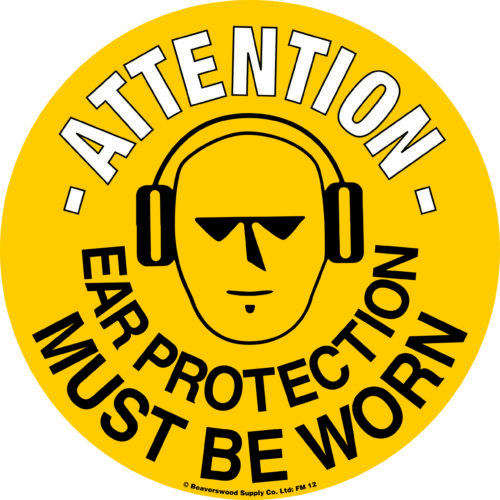 The MH-USA Floor Graphic Markers, 16.93 inches in diameter, feature a yellow warning sign with a stylized figure wearing ear protection headphones and the bold message: ATTENTION EAR PROTECTION MUST BE WORN.
