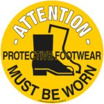 The MH-USA Floor Graphic Markers display a black work boots icon on a yellow circle, measuring 16.93 inches in diameter, with the message: Attention - Protective Footwear Must Be Worn.