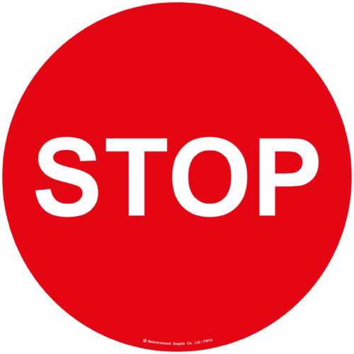 The MH-USA Floor Graphic Marker is a large, red circular sign measuring 16.93 inches in diameter. It displays STOP in bold white capitals for clear visibility and effective communication.