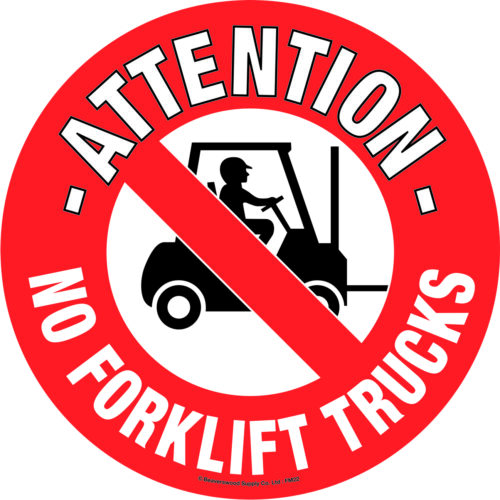 A red circular sign with a white border displaying Attention No Forklift Trucks and a crossed-out forklift illustration, this MH-USA Floor Graphic Marker, 16.93 in. dia., clearly indicates forklifts are not allowed in the area.