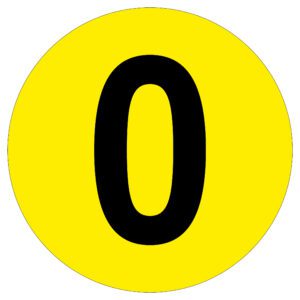The MH-USA Floor Identification Marker features a large black numeral 0 centered on a bright yellow circle, ensuring clear visibility. With a diameter of 7.48 inches, its distinctive design aids easy identification.