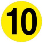 The image shows an MH-USA Floor Identification Marker - Number 10, a 7.48-inch yellow circle with a bold black 10 at the center.