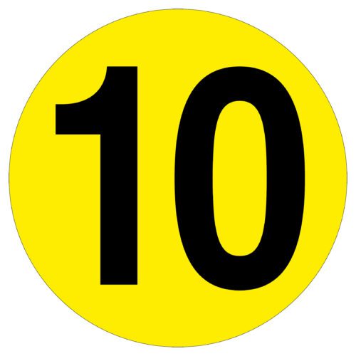 The image shows an MH-USA Floor Identification Marker - Number 10, a 7.48-inch yellow circle with a bold black 10 at the center.