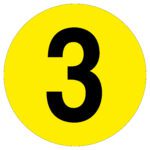The MH-USA Floor Identification Marker features a large black number three on a bright yellow circle with a white border, measuring 7.48 inches in diameter, making it distinct and noticeable.