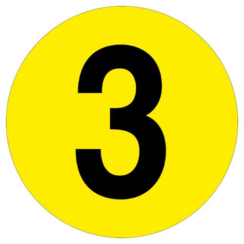 The MH-USA Floor Identification Marker features a large black number three on a bright yellow circle with a white border, measuring 7.48 inches in diameter, making it distinct and noticeable.