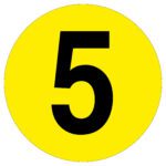 A bold black number 5 is centered on a bright yellow circle, representing the MH-USA Floor Identification Marker - Number 5, with a diameter of 7.48 inches.