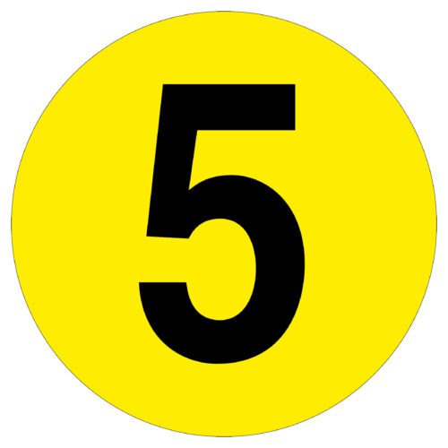 A bold black number 5 is centered on a bright yellow circle, representing the MH-USA Floor Identification Marker - Number 5, with a diameter of 7.48 inches.