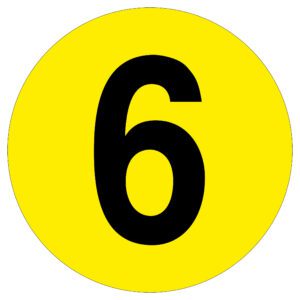 A bold black number 6 is featured prominently on a bright yellow circular background, styled as an MH-USA Floor Identification Marker with a 7.48 in. diameter.