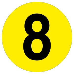 A large black number eight is centered on a vibrant yellow circle, similar to the MH-USA Floor Identification Marker - Number 8 with a 7.48-inch diameter.
