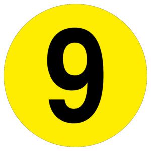 The MH-USA Floor Identification Marker displays a prominent black number 9 on a bright yellow circular background, with a diameter of 7.48 inches.