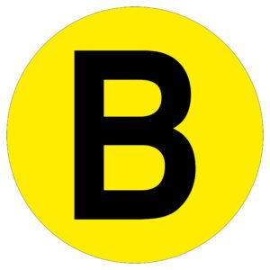 A bold, black letter B is centered within a bright yellow circle, resembling the MH-USA Floor Identification Marker with a 7.48-inch diameter.
