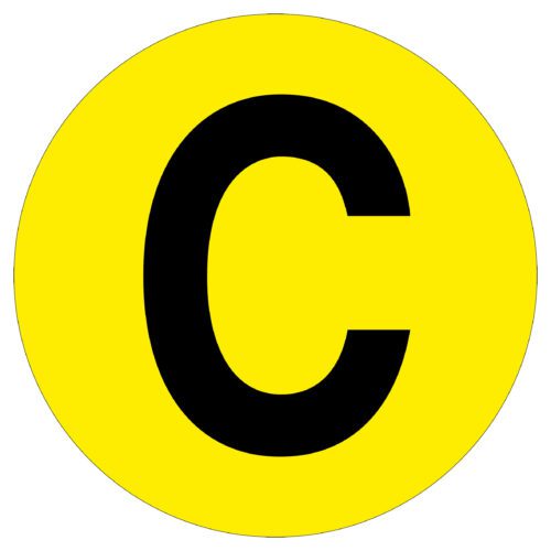 A large black C on a bright yellow circle is displayed as the MH-USA Floor Identification Marker, with a 7.48 in. diameter.